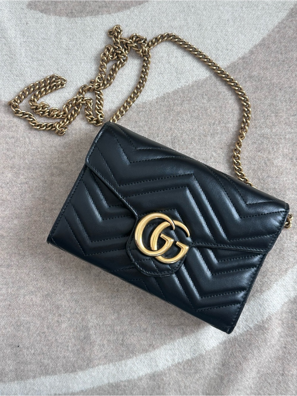 Gucci Black Chevron Quilted Leather Crossbody with Gold Double G